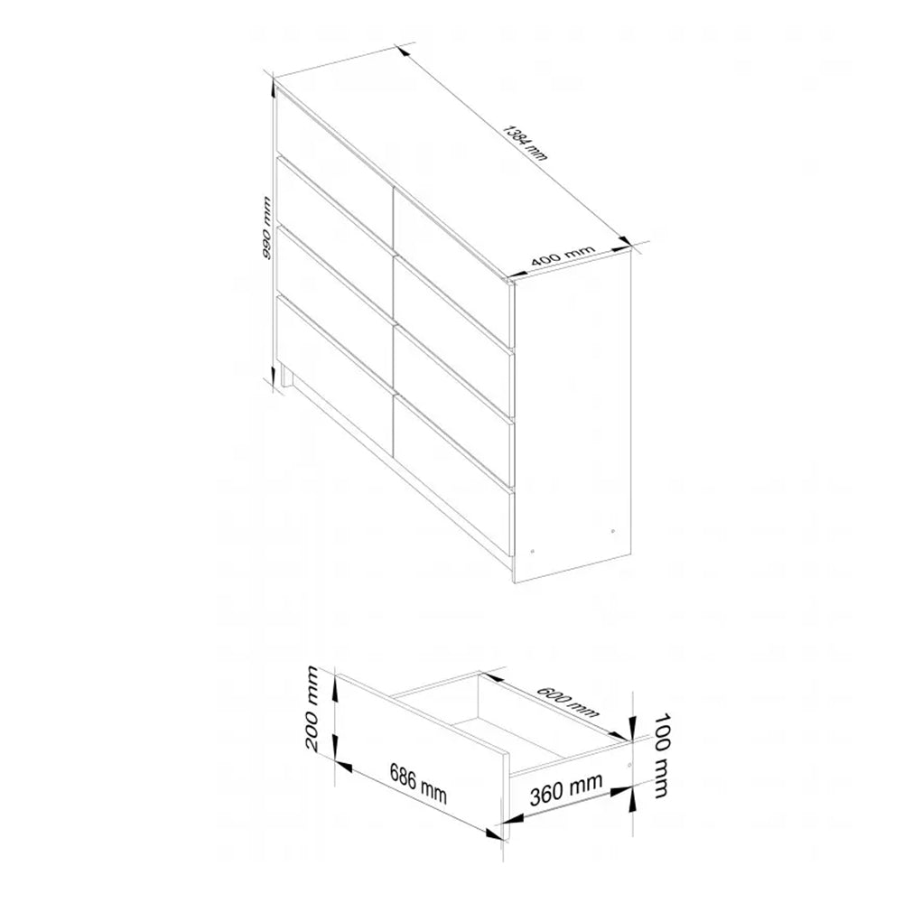 Komód 8 fiókkal 138 x 99 x 40 cm fehér