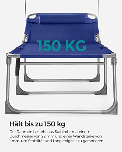 SONGMICS Fekvőszék, Napágy, Nagy Dönthető Napozószék, 71 x 200 x 38 cm, Terhelhetőség 150 kg, Fejtámlával, Dönthető Háttámlával, Napernyővel, Összecsukható, Kertbe, Sötétkék