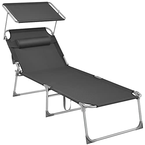SONGMICS Fekvőszék, Napágy, Nagy Dönthető Napozószék, 71 x 200 x 38 cm, Terhelhetőség 150 kg, Fejtámlával, Dönthető Háttámlával, Napernyővel, Összecsukható, Kertbe, Füstszürke