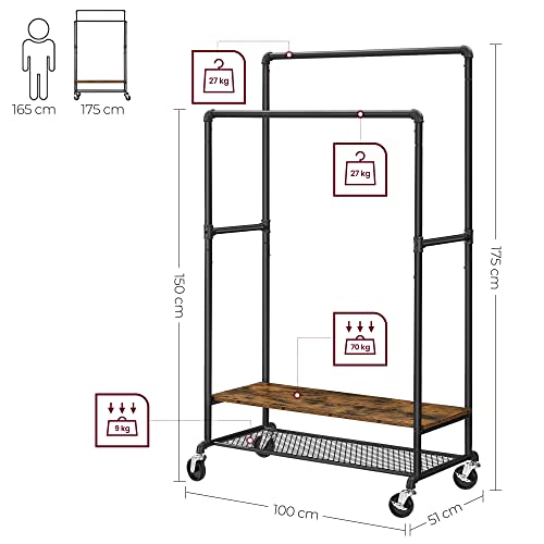 VASAGLE  Fogas Kerekekkel, 2 Fogassal és 2 Polccal, 51 x 100 x 150/175 cm, Ipari Design, Vintage Barna / Fekete