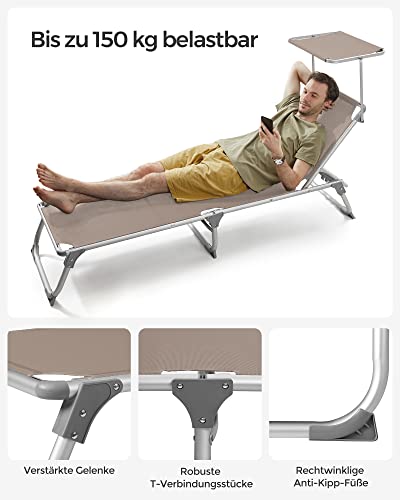 SONGMICS Sun Lounger, Sunbed, Reclining Sun Chair with Sunshade, Adjustable Backrest, Foldable, Lightweight, 55 x 193 x 31 cm, Load Capacity 150 kg, for Garden, Patio, Taupe Colour