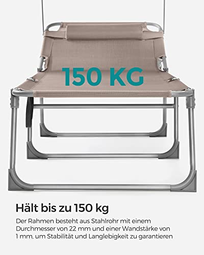 SONGMICS Fekvőszék, Napágy, Nagy Dönthető Napozószék, 71 x 200 x 38 cm, Terhelhetőség 150 kg, Fejtámlával, Dönthető Háttámlával, Napernyővel, Összecsukható, Kertbe, Taupe Színű