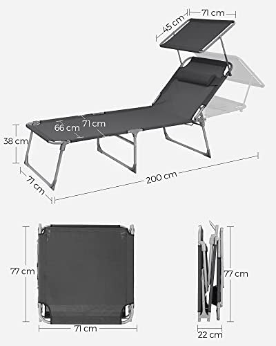 SONGMICS Fekvőszék, Napágy, Nagy Dönthető Napozószék, 71 x 200 x 38 cm, Terhelhetőség 150 kg, Fejtámlával, Dönthető Háttámlával, Napernyővel, Összecsukható, Kertbe, Füstszürke