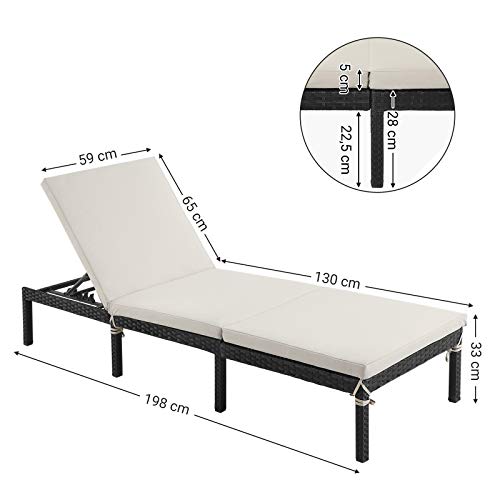 SONGMICS Napozóágy, Napágy 5 cm vastag Matraccal, Rattan-hatású felülettel, Dönthető háttámlával, 59 x 198 x 28 cm méretben, Maximális terhelhetőség 150 kg, Kertbe, Teraszra, Bézs színben, GCB27BRV1