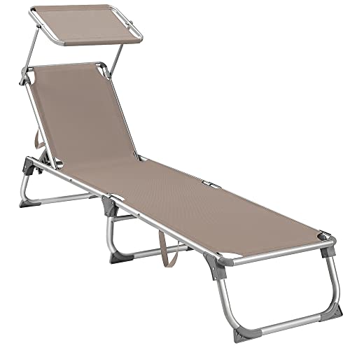 SONGMICS Sun Lounger, Sunbed, Reclining Sun Chair with Sunshade, Adjustable Backrest, Foldable, Lightweight, 55 x 193 x 31 cm, Load Capacity 150 kg, for Garden, Patio, Taupe Colour