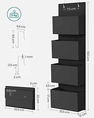 SONGMICS ajtó feletti tároló 4 zsebbel, fali tárolórendszerrel, praktikus és tágas, gyerekszobába, irodába, hálószobába, 33,5 x 12 x 100 cm, fekete