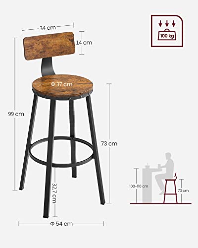 2 db-os bárszék készlet, konyhai szék, 2 db magas szék támlával, acél szerkezetű, ülőmagasság 73 cm, könnyen összeszerelhető, ipari kivitel, rusztikus barna és fekete, 54 x 99 cm, VASAGLE