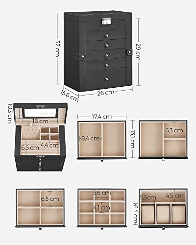 SONGMICS Ékszerdoboz 6 Szintes, Ékszerszekrény 5 Fiókkal, Nagy Tárolókapacitás, Tükörrel, Zárható, Ékszer Tároló Szervező, Ajándék Szeretteinek, Órákhoz, Fekete