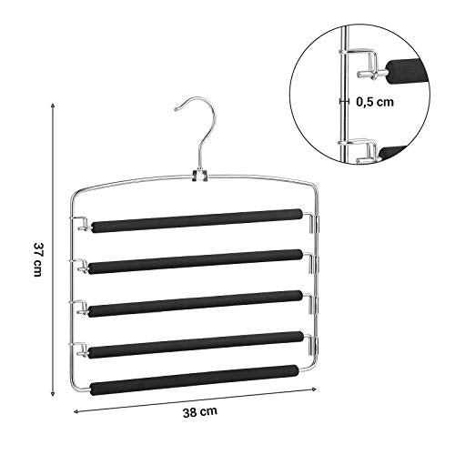 SONGMICS Nadrágakasztók, 3 darabos készlet, Helytakarékos, Többrudas Fém Nadrágakasztók, Stabilak Csúszásmentes Párnázással, Hintarudakkal, Minden egyes számára 5 farmerhez, Öltöny nadrágokhoz, Sálgörcsökhöz, Nyakkendőkhöz, Fekete színű