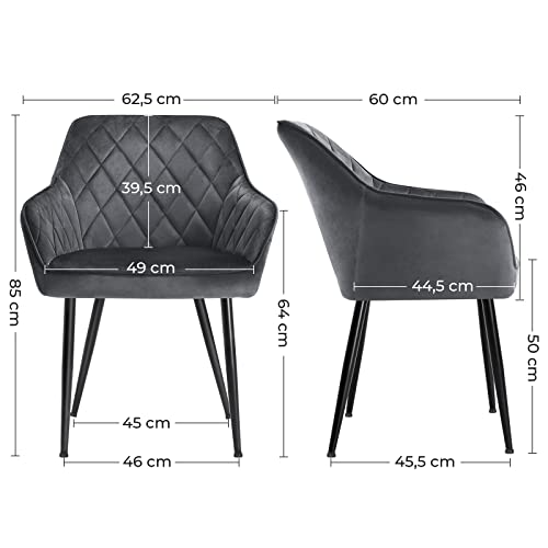 SONGMICS  4db kárpitozott szék készlet karfákkal Ülésszélesség 49 cm Fém lábak bársonyhuzat Akár 110 kg-ig bírja dolgozószobába nappali hálószobába szürke