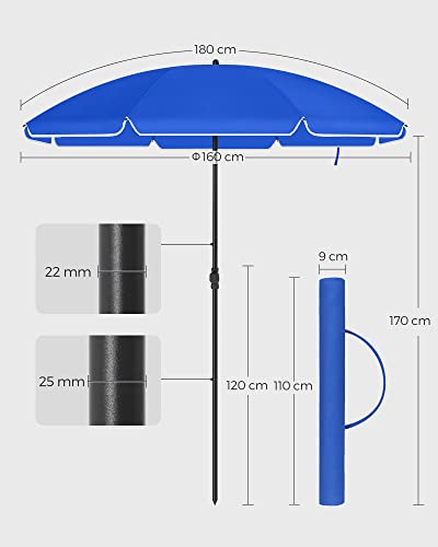 SONGMICS 1,6 m Napernyő, Strand Napernyő, UPF 50+, Napvédelem, Hordozható Nyolcszögű Poliészter Vászon, Üvegszálas Bordák, Döntő Mechanizmus, Hordtáska, Strandhoz, Kertekhez, Erkélyhez, Medencehöz, Kék