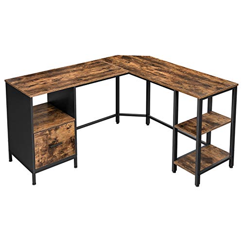 VASAGLE Sarok íróasztal, L-alakú Számítógépasztal, Irodai asztal szekrény és mappatartóval, 2 polccal, Otthoni iroda, Helytakarékos, Egyszerű összeszerelés, Ipari stílus, Rustikus barna és fekete