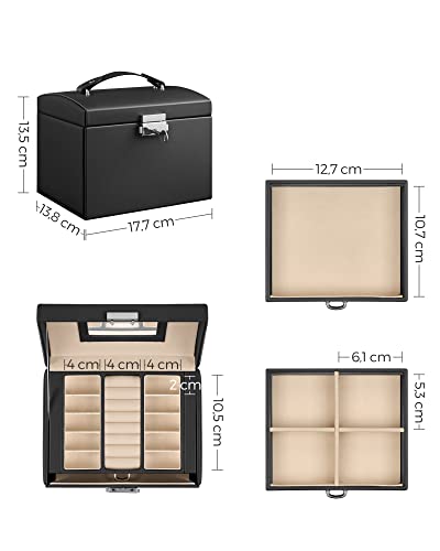 SONGMICS 3-Szintes Ékszerdoboz, Utazó Ékszeres Doboz Fogóval, 2 Fiókkal, Zárható Ékszer Szervező Tükörrel, Ékszer Tárolás, Modern Stílus, Fekete