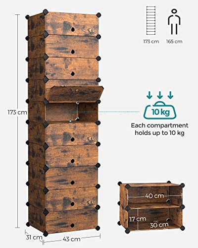 SONGMICS Moduláris Cipőtartó, Téglalap alakú Tárolószervező, 10 Nyílással, 40 x 30 x 17 cm Az Egyes Nyílássokhoz, Műanyag Ruhatároszlop Ajtókkal, Rusztikus Barna