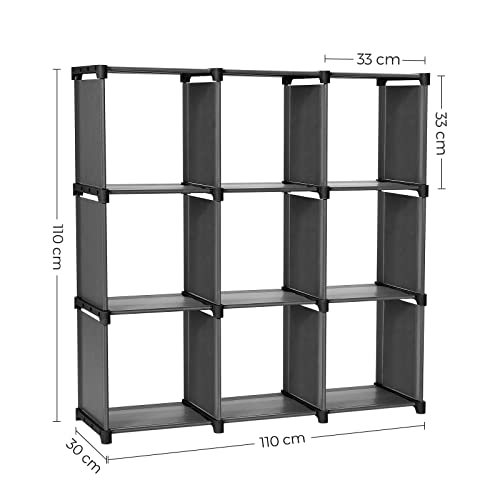 SONGMICS 9-Kockás DIY Tároló Polcok, Nyitott Könyvespolc, Szekrény Családi Tanulóhelyre, Szervező Polc, Szekrény Nappaliba, Fekete