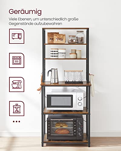 VASAGLE Konyhai Polc, Álló Polc a Konyhához, Mikrohullámú Polc, Álló, 6 Polccal és 6 Akasztóval, Mikrohullámúhoz, Acél Kerettel, Ipari Design, 40 x 60 x 167 cm, Vintage Barna-Fekete
