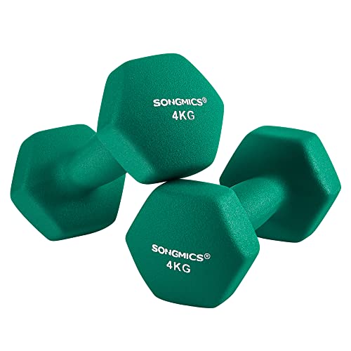 SONGMICS Súlyzókészlet, 2 db 4 kg-os Neoprén Kézsúly, Otthoni Edzéshez, Vízálló és Nem Csúszó Matt Felülettel, 20.5 x 9 cm, Zöld Színben