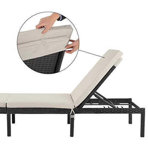 SONGMICS Napozóágy, Napágy 5 cm vastag Matraccal, Rattan-hatású felülettel, Dönthető háttámlával, 59 x 198 x 28 cm méretben, Maximális terhelhetőség 150 kg, Kertbe, Teraszra, Bézs színben, GCB27BRV1