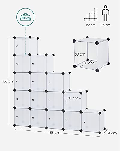 SONGMICS 15 Rekeszes DIY Tároló Szervező Egység, Műanyag Szekrény, Gardrób, Ajtókkal, Ruhák Cipő Könyvek Számára, Könnyen összeszerelhető, Fehér