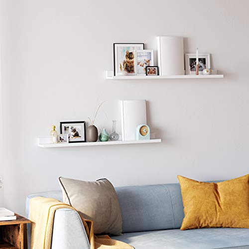 SONGMICS Lebegő Polc Szett 2 db, Falipolc Lépcső Magasfényű Kivitelben, 80 x 10 cm, Képkeretekhez és Könyvekhez, Nappali, Folyosó, Hálószoba, Fürdőszoba, Konyha, Iroda, Fehér Színben