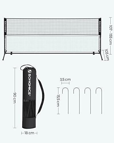 SONGMICS 4m Tollaslabda Háló, Röplabda Háló Magasságállítható Pólusokkal, Hordozható Háló Junior Teniszhez, Strand Röplabdához, Pickleballhoz, Kert Park Szabadtéri, Fekete