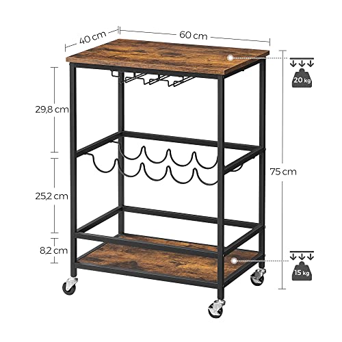 VASAGLE  Konyhai Szekrény Görgőkkel Polcokkal Üveg- és Pohártartókkal 60 x 40 x 75 cm Ipari Design Vintage Barna/Fekete