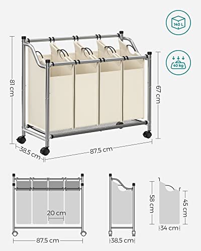 SONGMICS guruló szennyesválogató, szennyeskosár 4 kivehető zacskóval, mosókosár, mosókonyha, mosókonyhához, hálószoba, fürdőszoba, 4 x 35 l, bézs