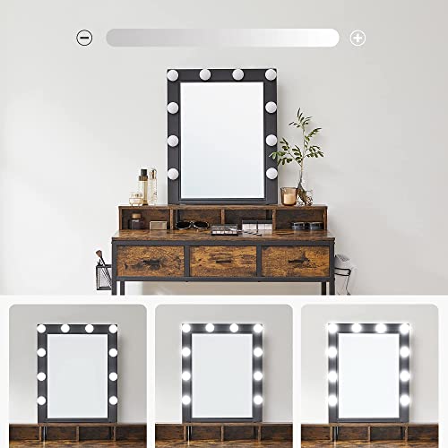 VASAGLE Sminkasztal Hokedlivel, Sminkasztal 10 LED Fényforrással Tükrével, Állítható Fényerővel, Hálószoba Sminkasztal Ipari Design Vintage Barna-Fekete