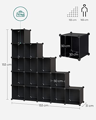 SONGMICS 15 Rekeszes Tároló Egység, Cipő Polc, DIY Polcrendszer, Szekrénybe Illő Kockák, PP Műanyag Polc, Ruhaszekrény, Szobai Osztó, Hálószoba, Iroda, Fekete