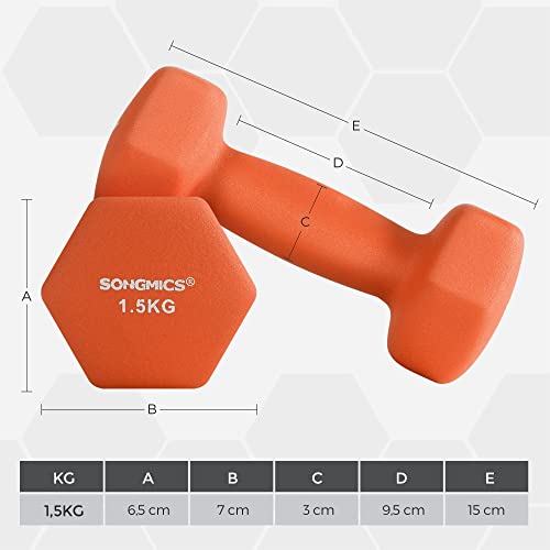 SONGMICS 2db-os súlyzókészlet, 2 x 1,5 csúszásmentes neoprén bevonatú kézi súlyzó matt felülettel, otthoni edzés, fitnesz gyakorlat, narancssárga