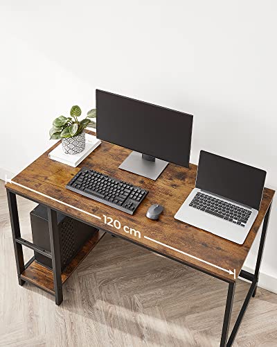 Számítógép asztal, íróasztal 2 polccal balra vagy jobbra, munkaasztal irodához vagy nappalihoz, ipari stílusú rozsdabarna és fekete acélszerkezet, 60 x 120 x 75 cm, VASAGLE