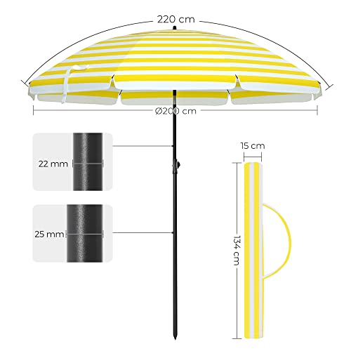 SONGMICS 2 m Napernyő, Strand Napernyő, Napvédelem UPF 50+ értékkel, Hordozható Nyolcszögletű Vászon, Döntő Mechanizmus, Légszellőző, Hordtáska, Tengerpartra, Kertekbe, Erkélyre, Medencéhez, Sárga és Fehér Csíkokkal
