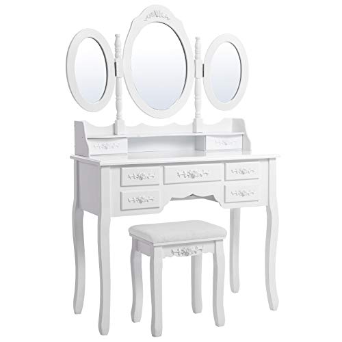 SONGMICS Falhoz Rögzíthető Luxus 3 Tükörös Toalettpult Készlet Hokedlivel, 7 fiókkal és 2 Osztóval Sminkasztal