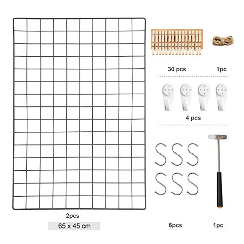 SONGMICS Rács Panelek, 2 Darab Szett, Fotófal Kijelzés, Fém Hálófal Dekoráció, Multifunkcionális Képfallal Függesztett, DIY, Művészeti Kijelzés, S Akasztó, Csipesz, Kenderzsinór, Fekete