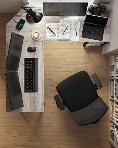 VASAGLE Számítógépasztal, L-alakú Sarokasztal, Munkaállomás Polcokkal Otthoni irodához, Helytakarékos, Egyszerű összeszerelés, Ipari stílus, Greige és Fekete