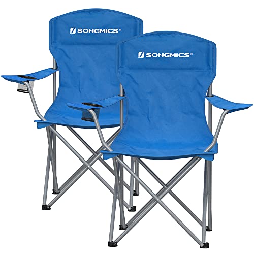 SONGMICS 2 összecsukható kempingszék készlet, kényelmes, nagy teherbírású szerkezet, max. terhelhetőség 150 kg, pohártartóval, kültéri székekkel, kék