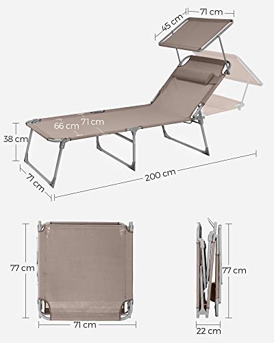SONGMICS Fekvőszék, Napágy, Nagy Dönthető Napozószék, 71 x 200 x 38 cm, Terhelhetőség 150 kg, Fejtámlával, Dönthető Háttámlával, Napernyővel, Összecsukható, Kertbe, Taupe Színű