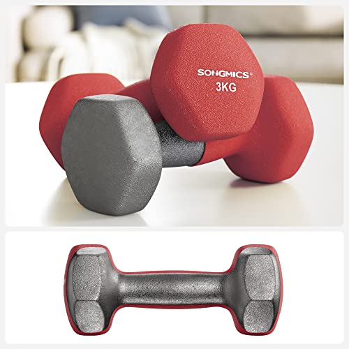SONGMICS 2 db-os súlyzókészlet, 2 x 3 kg csúszásmentes neoprén bevonatú kézi súlyzó matt felülettel, otthoni edzés, fitnesz gyakorlat, piros