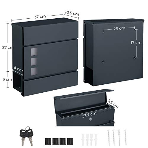 SONGMICS Modern postaláda, Zárható falra szerelhető postafiók újságtartóval, könnyen felszerelhető, antracitszürke GL13728