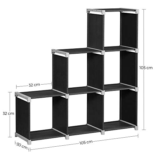 SONGMICS 6 Kockás Könyvespolc, DIY Kockás Tároló Polc, Lépcsőházas Szervező Nappaliban, Hálószobában, Gyerekszobában, Tanuláshoz, Játékokhoz és Mindennapi Dolgokhoz, Szobafal, Fekete