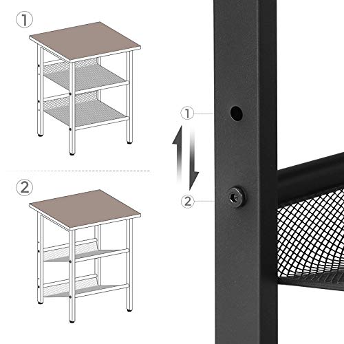 VASAGLE Asztal, Éjjeli szekrény, Végződésű Asztal 2 állítható hálós polccal, Egyszerű összeszerelés, Ipari stílus, Nappalihoz, Hálószobához, Stabil acélváz, Régies barna és fekete