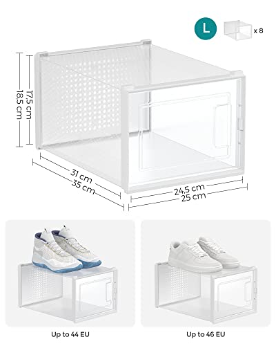 SONGMICS Cipősdobozok, 8 darab egymásra helyezhető cipőtároló doboz, Összecsukható és módosíthatóak, Sportcipőkhöz is és más cipőkhöz is alkalmas, 44-es méretig, Átlátszó és fehér színű,