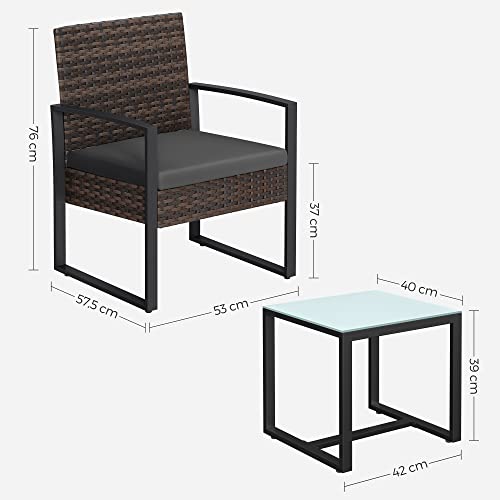Songmics  Balkon Bútor Szett, PE Polyrattan Pihenő Szett, Asztal és 2 Szék, Kerti Bútor, Egyszerű Összeszerelés, Kültérre, Balkonra, Kertbe, Fekete/Szürke