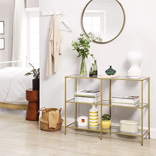 Konzolasztal, 3 polccal, gold arany fém kerettel és biztonsági üveggel, modern, előszobába, nappaliba, hálószobába, arany, 100 x 30 x 73 cm, VASAGLE