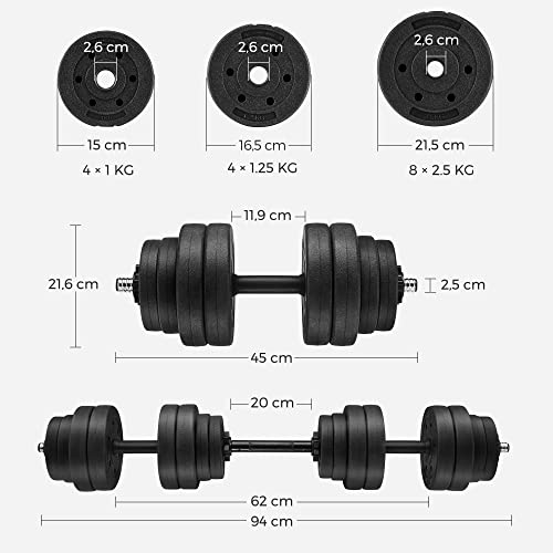 SONGMICS 2 az 1-ben Súlyzókészlet, 2 x 15 kg Állítható Súlyzók, Plusz Súlyzórud, Műanyag Bevonatos Súlytárcsákkal, Fitnesz Edzés, Otthoni Edzőterem, Fekete