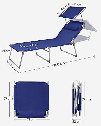 SONGMICS Fekvőszék, Napágy, Nagy Dönthető Napozószék, 71 x 200 x 38 cm, Terhelhetőség 150 kg, Fejtámlával, Dönthető Háttámlával, Napernyővel, Összecsukható, Kertbe, Sötétkék