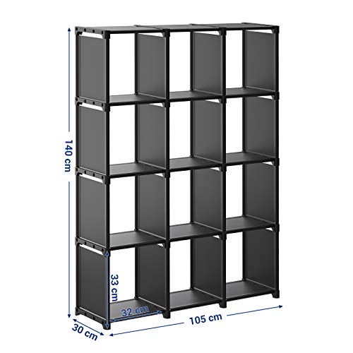 SONGMICS Kocka Tároló, 12 Kockás Könyvespolc, Saját Ruhatár Szervező, Tároló Polc Nappaliban, Gyerekszobában, Fürdőszobában 105 x 30 x 140 cm, Gumikalapácsot Tartalmaz, Fekete