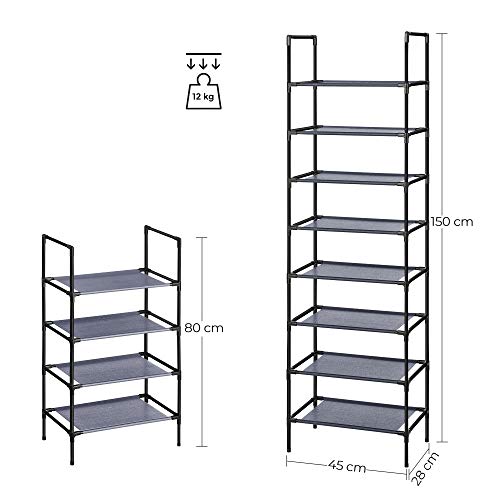 SONGMICS 4 Szintes Cipőtartó, 2 db Cipőtároló Szervező Fém Vázon, Szövet Réteggel, Előszobába, Hálószobába, Nappaliba, 45 x 28 x 80 cm, Szürke