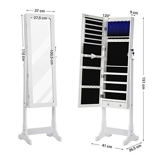 SONGMICS LED ékszerszekrény, teljes hosszúságú tükrös ékszerszekrény, zárható ékszertartó 2 fiókkal, erős és stílusos, fehér