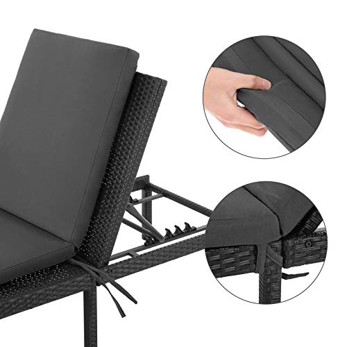 SONGMICS Napozóágy, Napágy 5 cm vastag Matraccal, Rattan-hatású felülettel, Dönthető háttámlával, 59 x 198 x 28 cm méretben, Maximális terhelhetőség 150 kg, Kertbe, Teraszra, Fekete színben,
